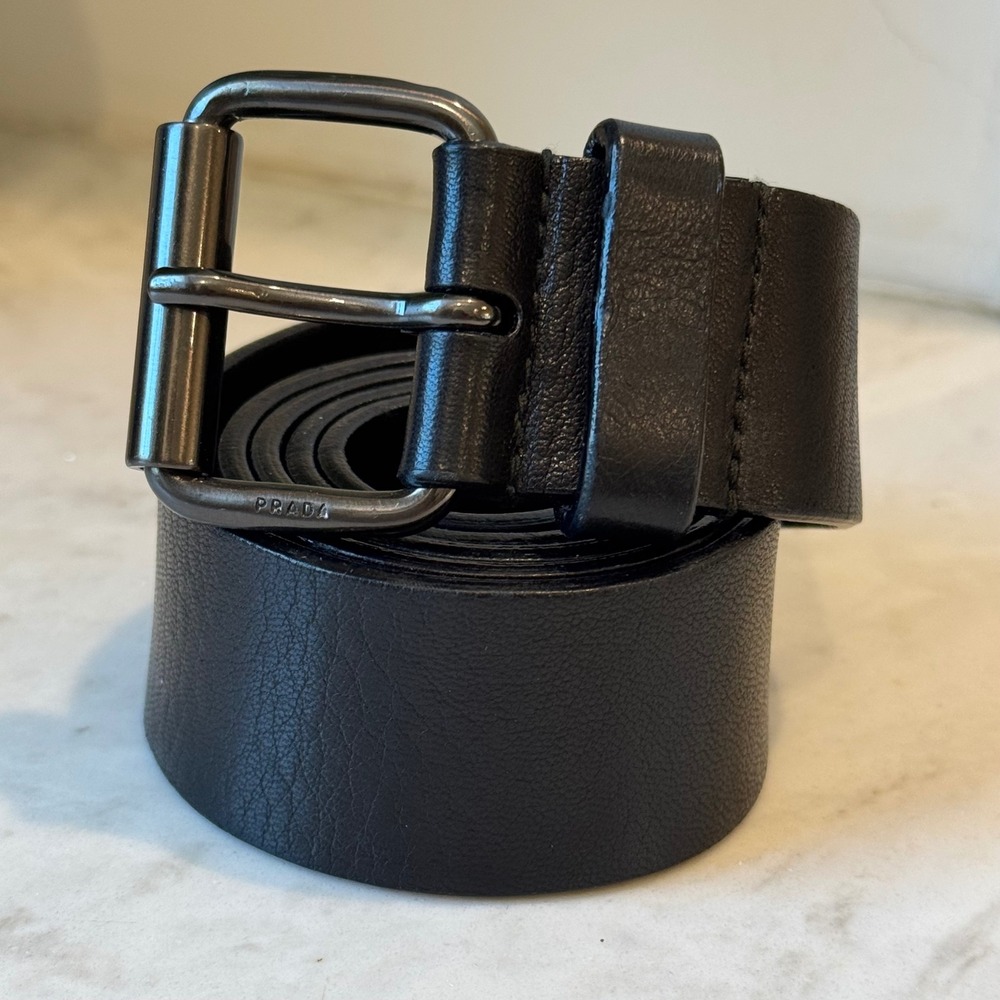 Prada Leather Belt 26-30" Black Gunmetal Roller Buckle Designer Quiet Luxury